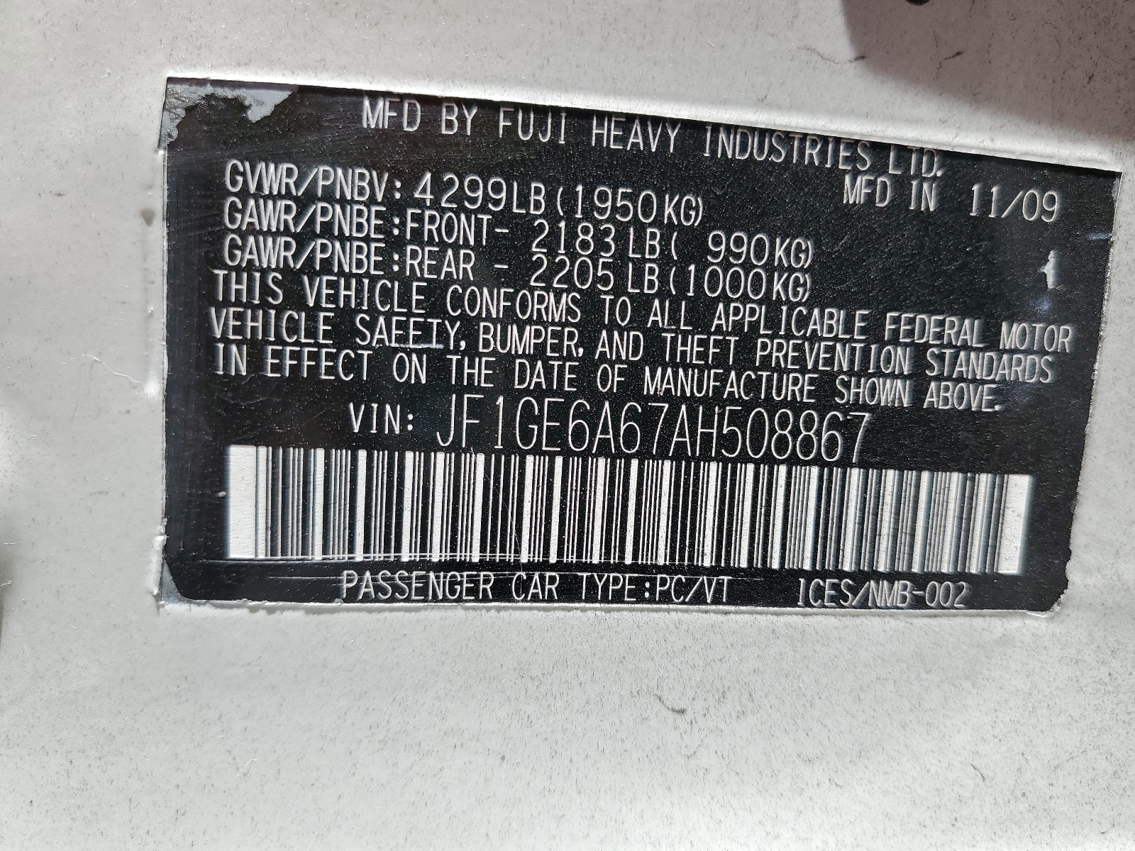 JF1GE6A67AH508867 2010 Subaru Impreza 2.5I