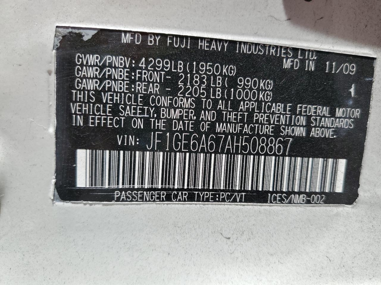 2010 Subaru Impreza 2.5I VIN: JF1GE6A67AH508867 Lot: 63543184