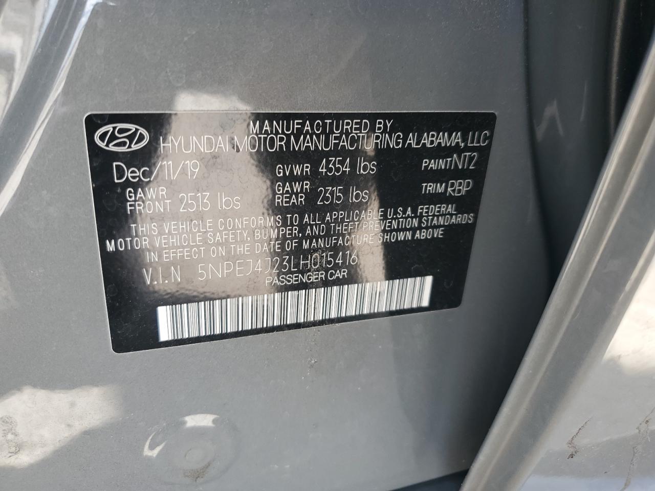 5NPEJ4J23LH015416 2020 Hyundai Sonata Sel Plus