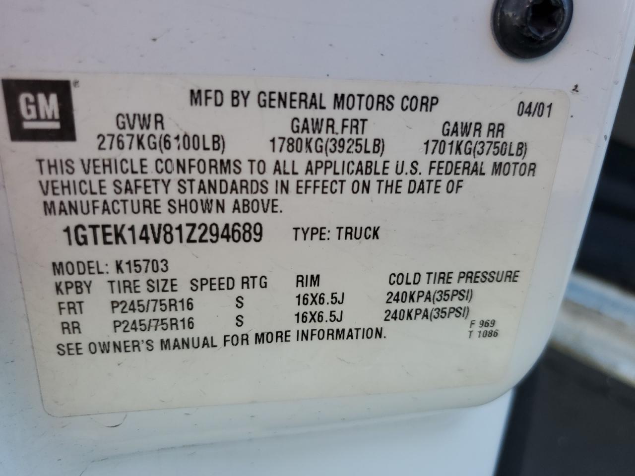 1GTEK14V81Z294689 2001 GMC New Sierra K1500