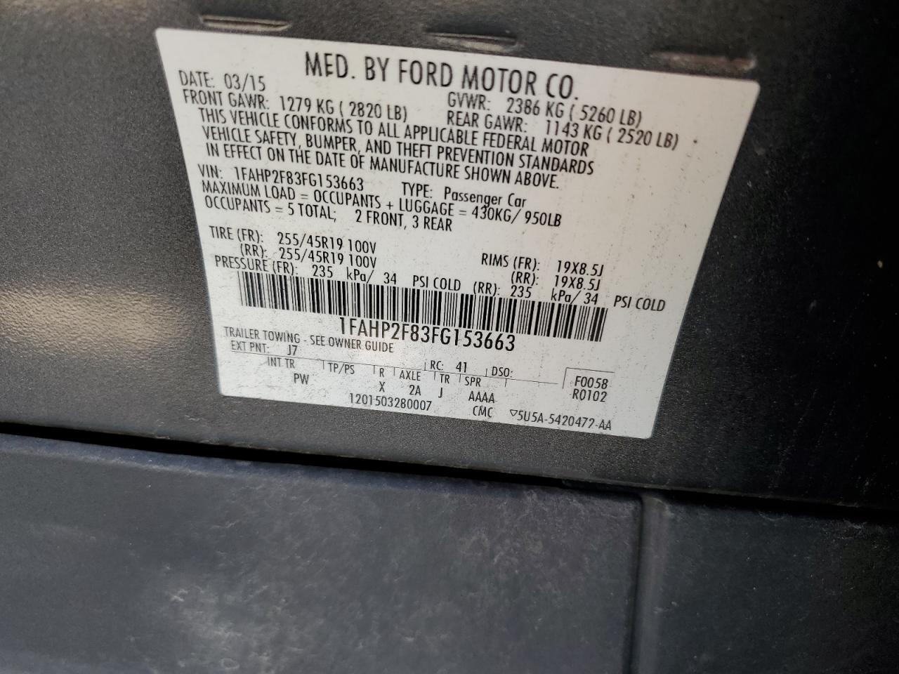 VIN 1FAHP2F83FG153663 2015 FORD TAURUS no.12