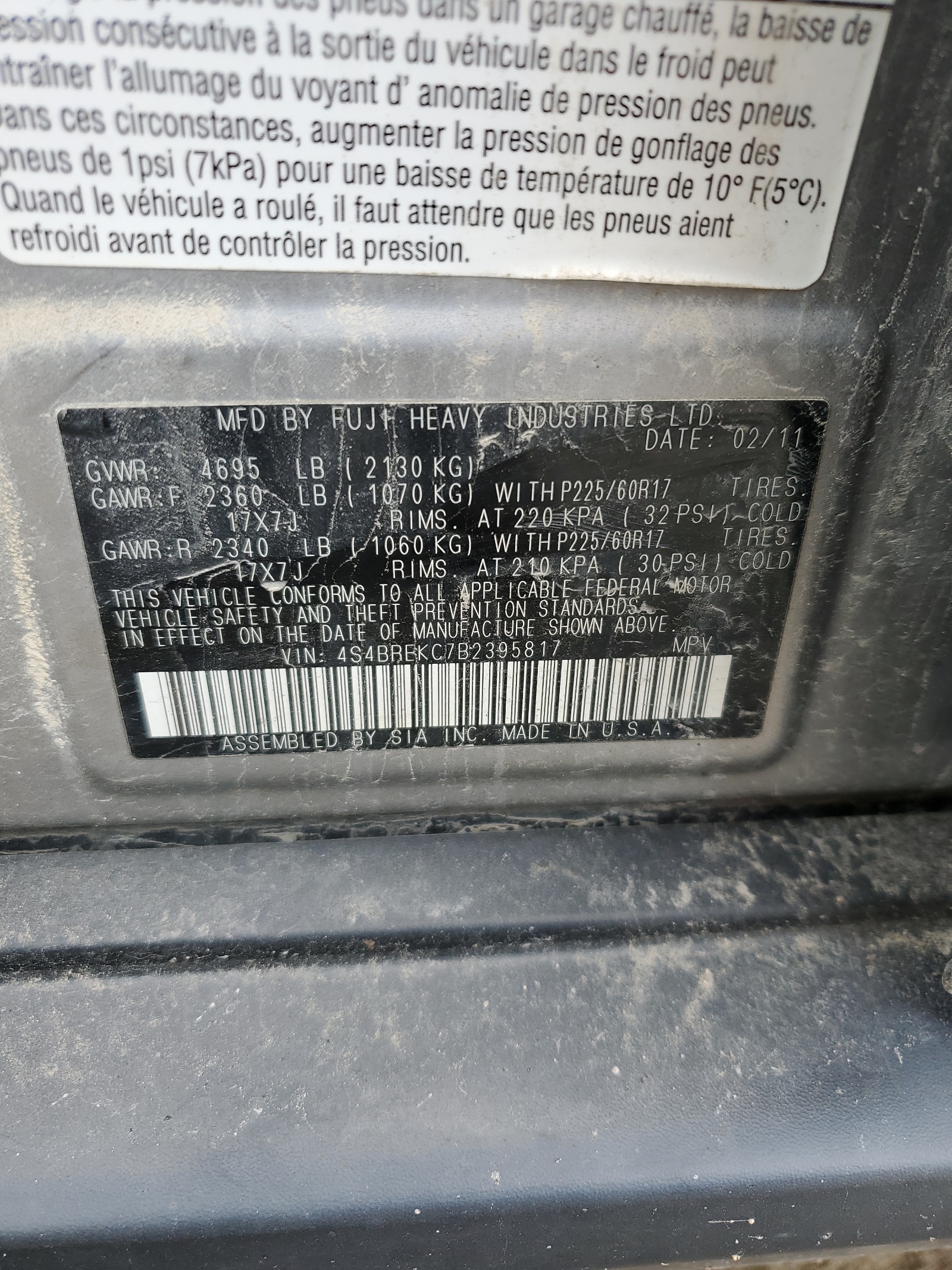 4S4BREKC7B2395817 2011 Subaru Outback 3.6R Limited