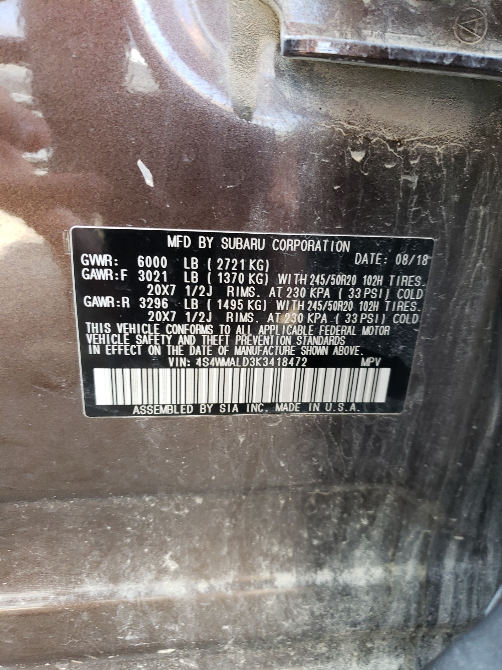 4S4WMALD3K3418472 2019 Subaru Ascent Limited