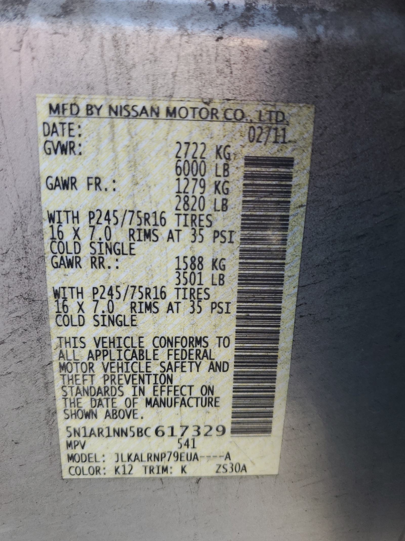 5N1AR1NN5BC617329 2011 Nissan Pathfinder S