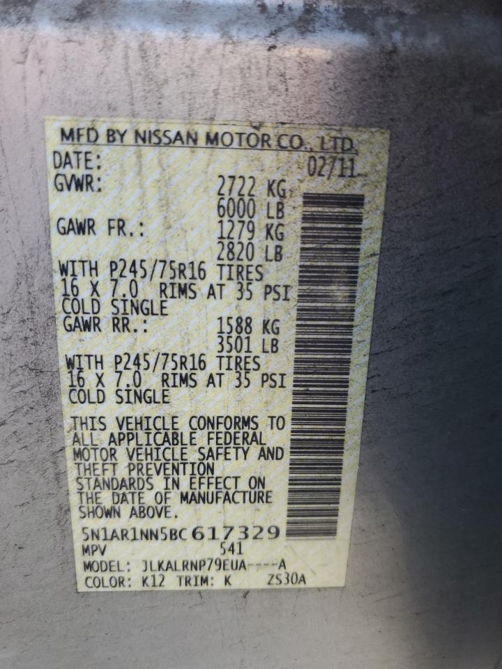 2011 Nissan Pathfinder S VIN: 5N1AR1NN5BC617329 Lot: 61554274