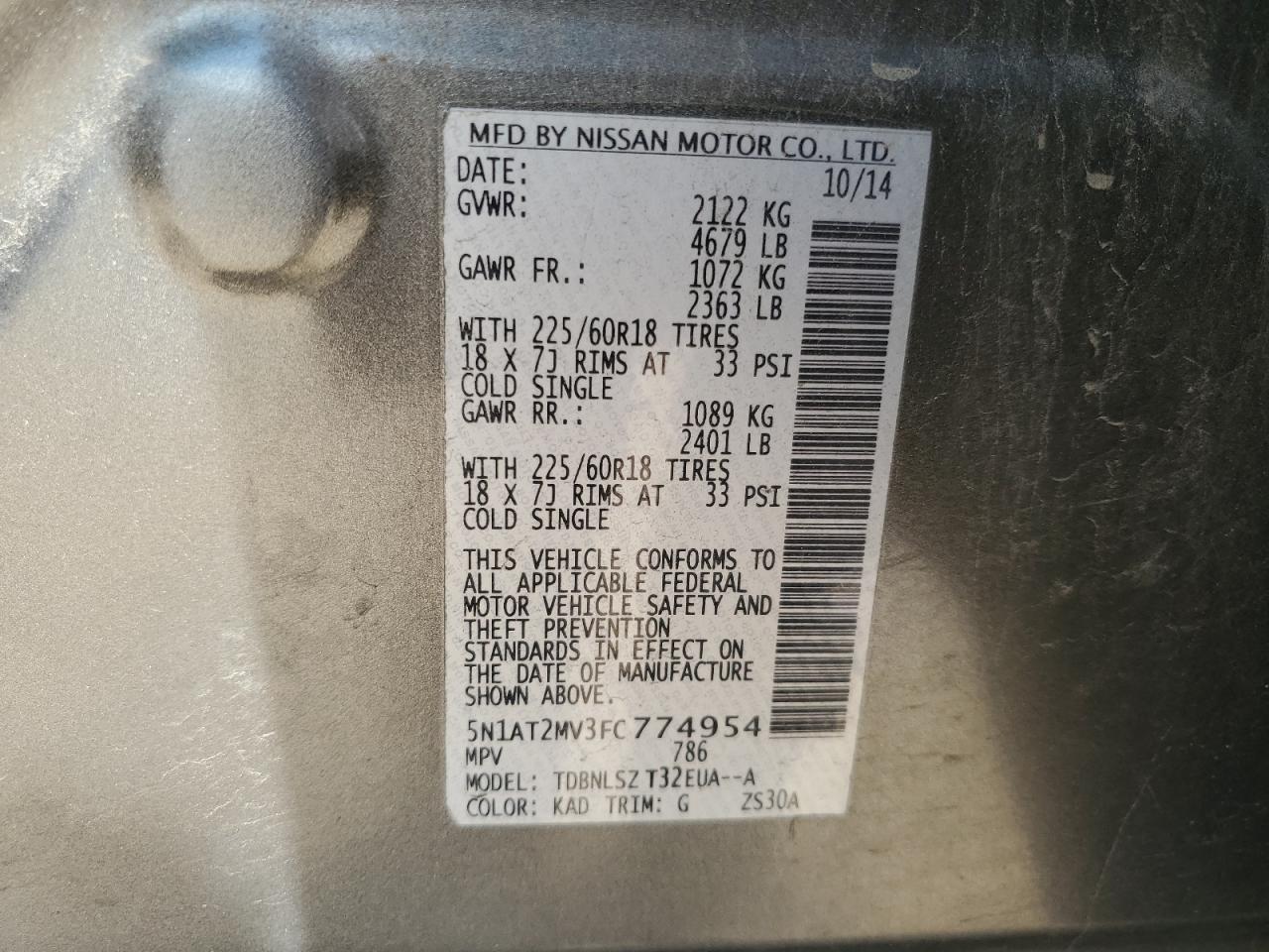 2015 Nissan Rogue S VIN: 5N1AT2MV3FC774954 Lot: 65145094