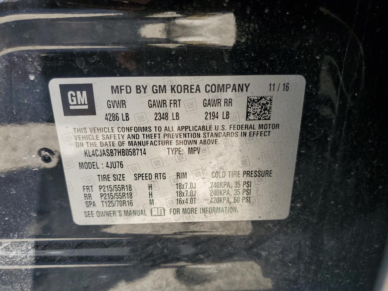 2017 Buick Encore Preferred VIN: KL4CJASB7HB058714 Lot: 63046264