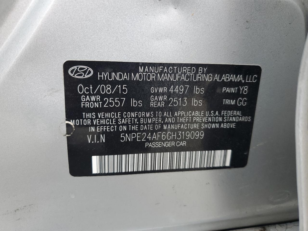 2016 Hyundai Sonata Se VIN: 5NPE24AF6GH319099 Lot: 64563974