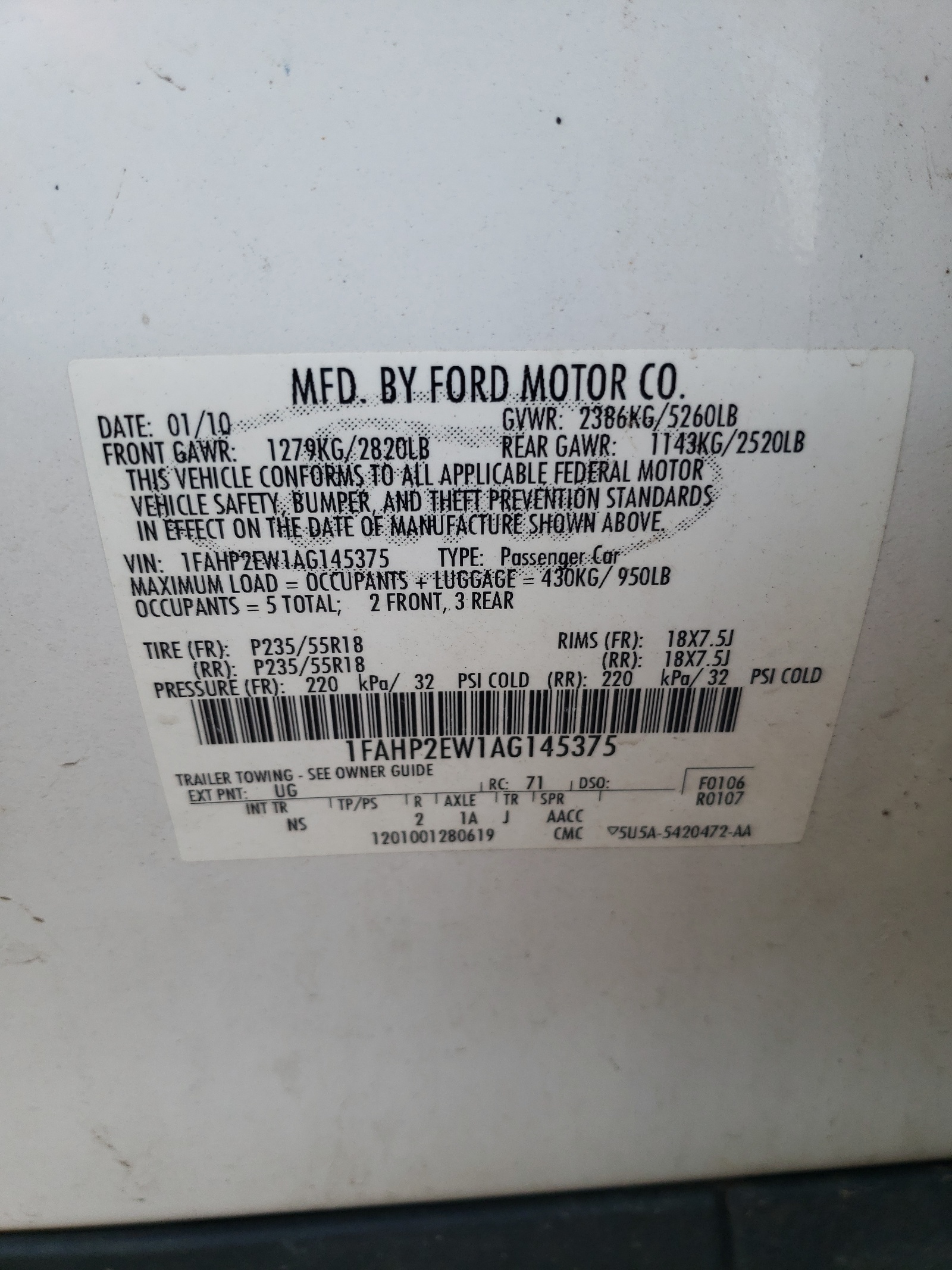 1FAHP2EW1AG145375 2010 Ford Taurus Sel