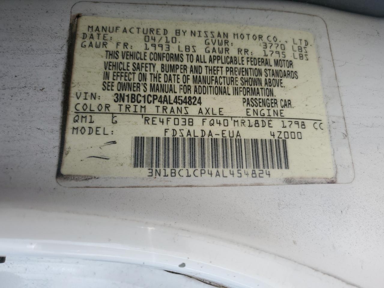 2010 Nissan Versa S VIN: 3N1BC1CP4AL454824 Lot: 61532224