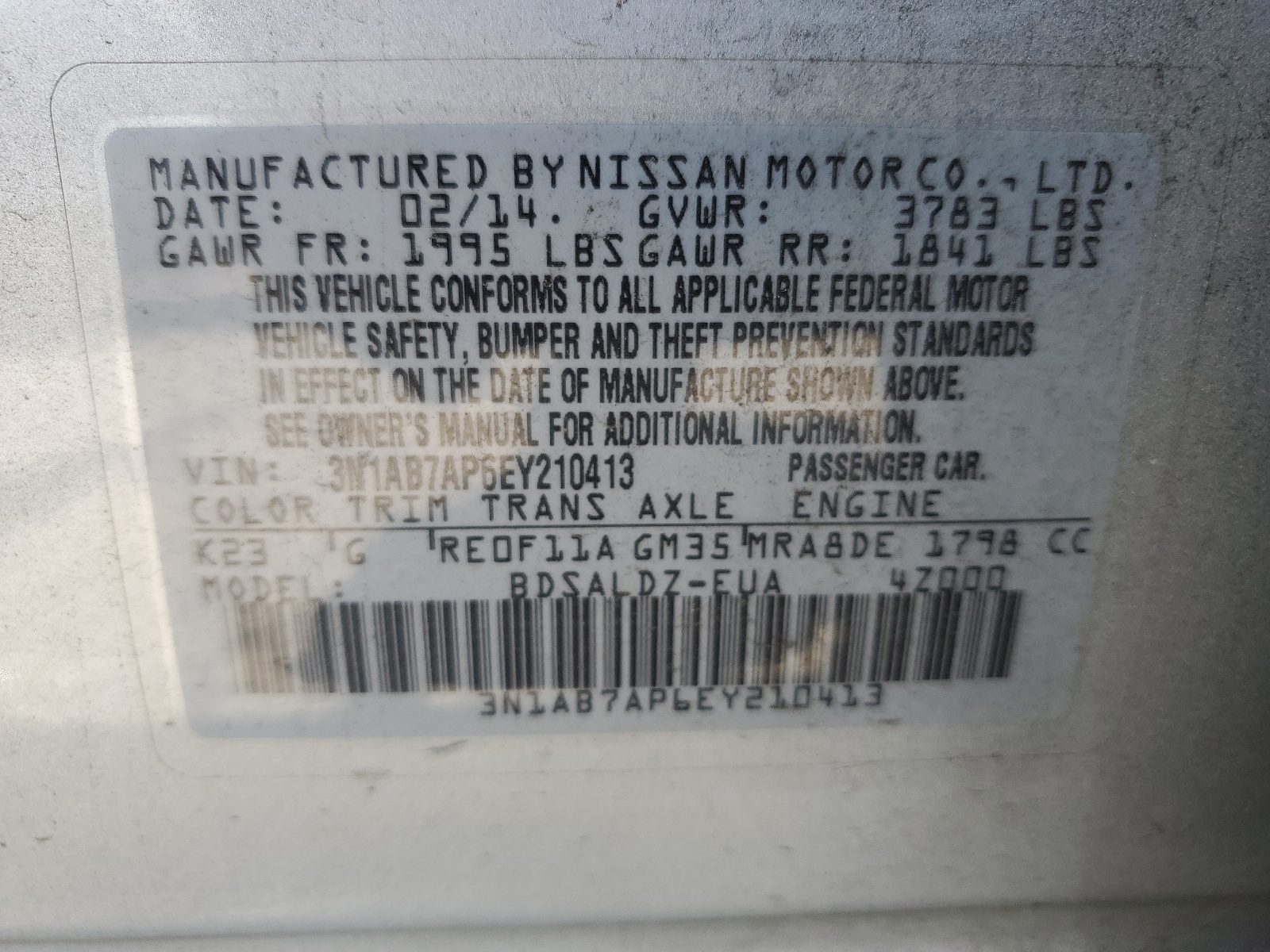 3N1AB7AP6EY210413 2014 Nissan Sentra S