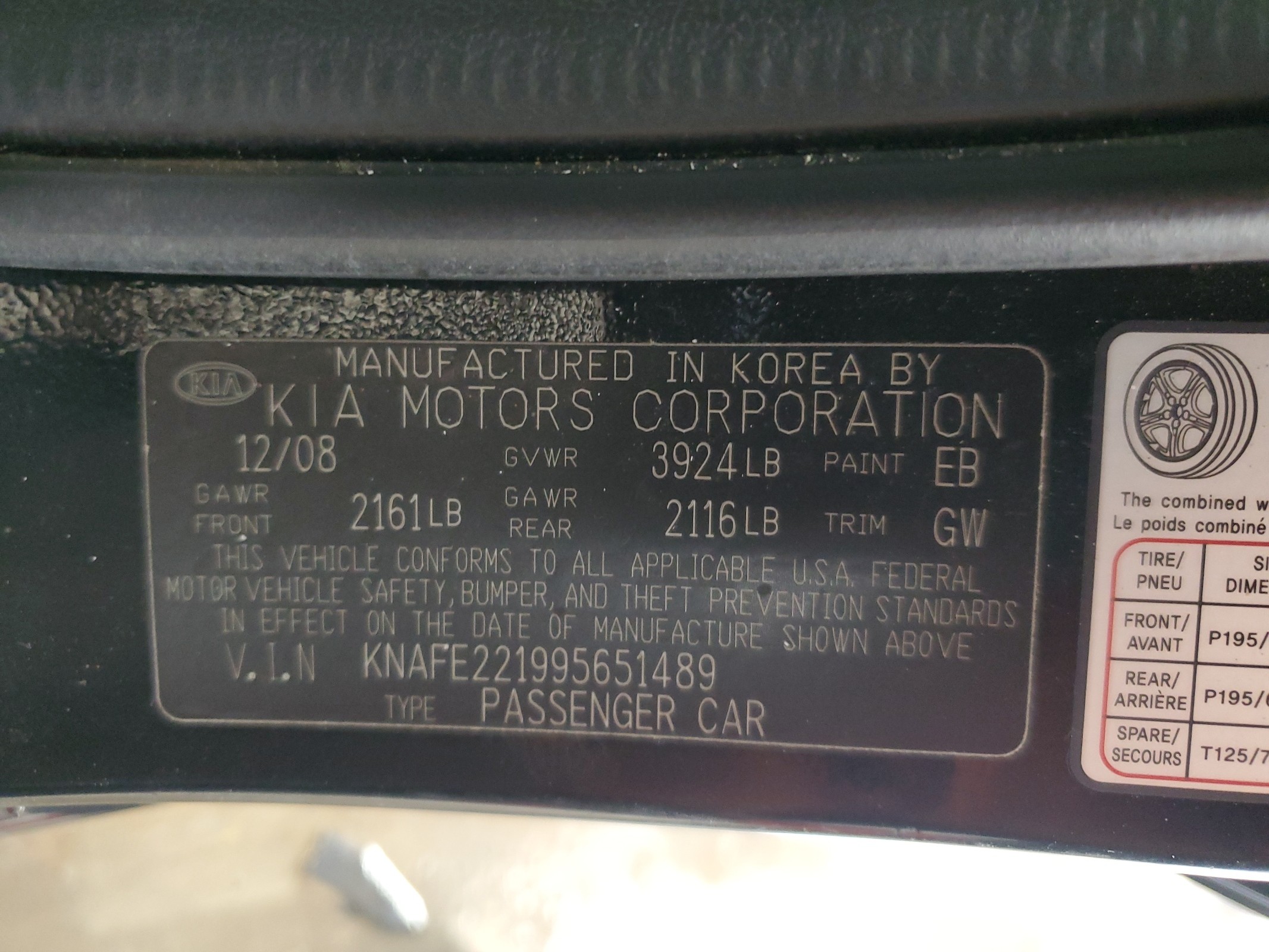 KNAFE221995651489 2009 Kia Spectra Ex