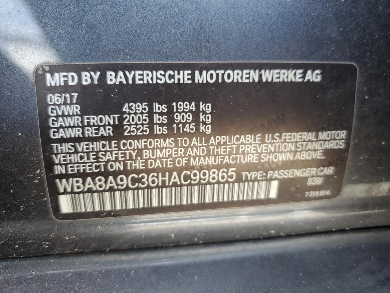 WBA8A9C36HAC99865 2017 BMW 320 I