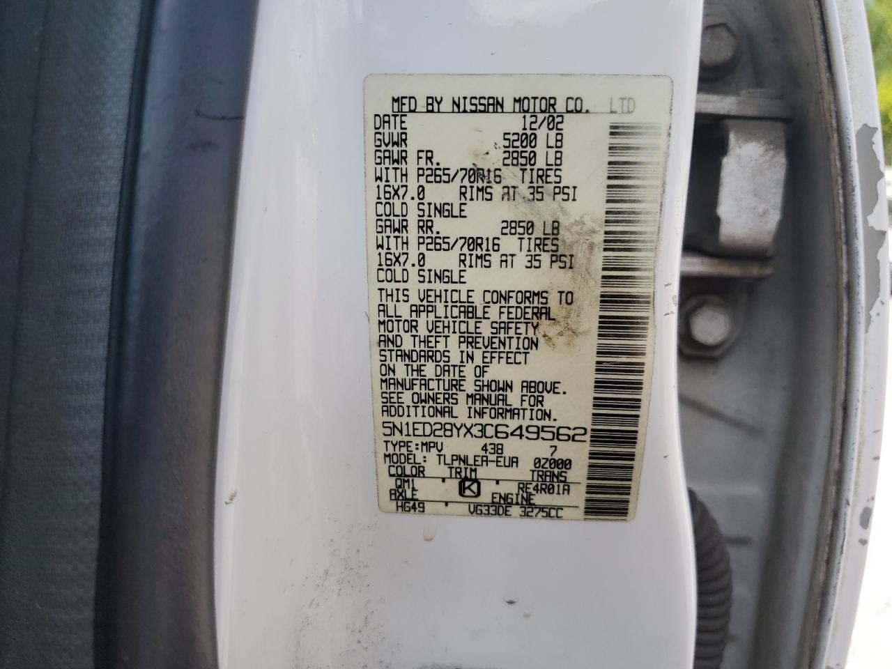 2003 Nissan Xterra Xe VIN: 5N1ED28YX3C649562 Lot: 63117274