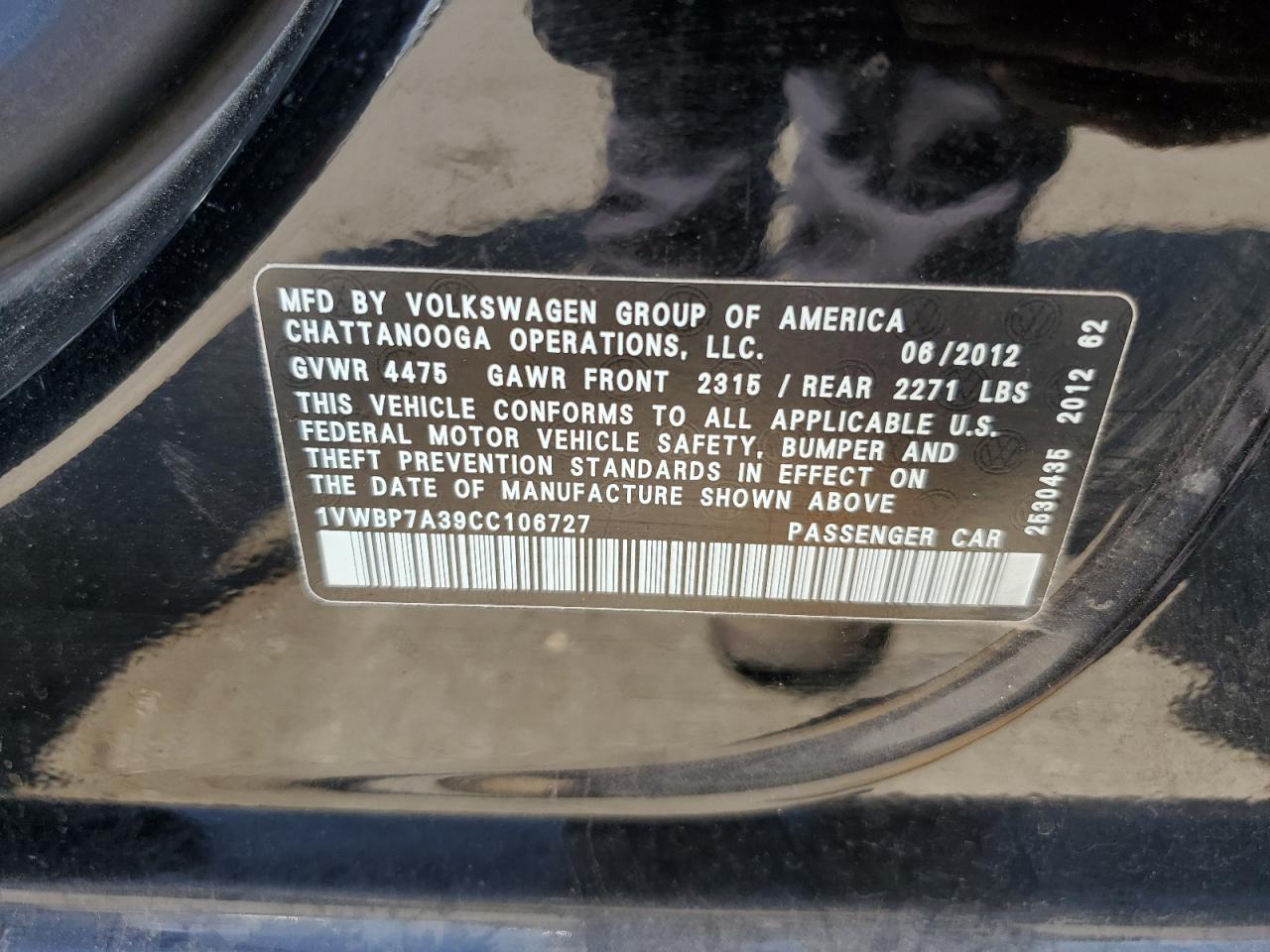 2012 Volkswagen Passat Se VIN: 1VWBP7A39CC106727 Lot: 63560774