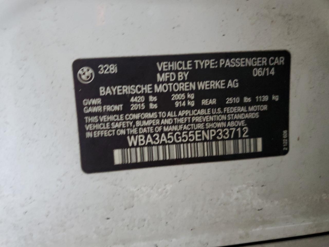 2014 BMW 328 I VIN: WBA3A5G55ENP33712 Lot: 61384084