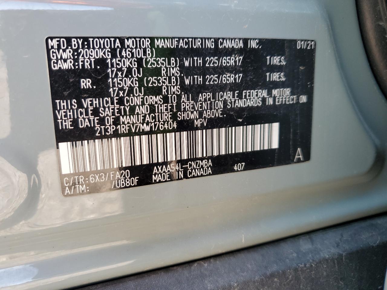 2021 Toyota Rav4 Xle VIN: 2T3P1RFV7MW176404 Lot: 61613204