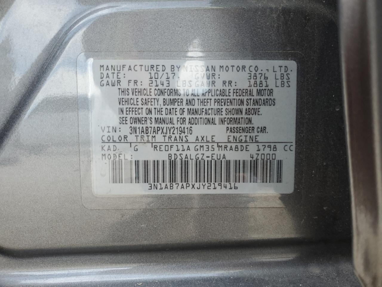 3N1AB7APXJY219416 2018 Nissan Sentra S