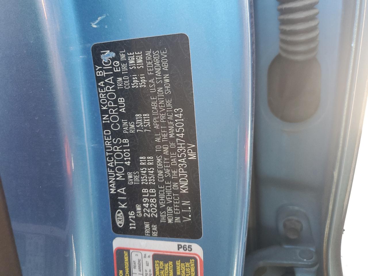 2017 Kia Soul + VIN: KNDJP3A53H7450143 Lot: 62088454