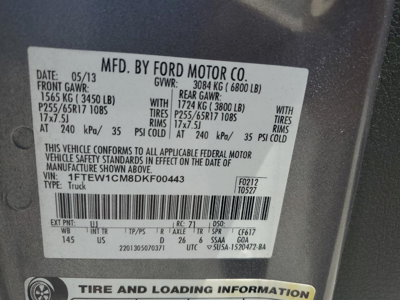 2013 Ford F150 Supercrew VIN: 1FTEW1CM8DKF00443 Lot: 62810274