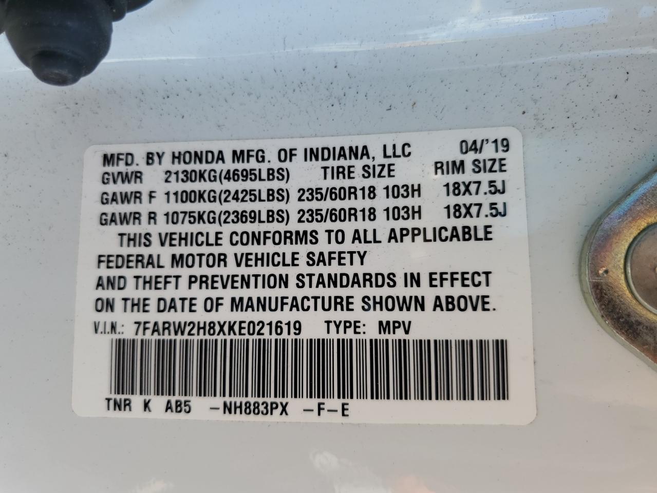 2019 Honda Cr-V Exl VIN: 7FARW2H8XKE021619 Lot: 61402284