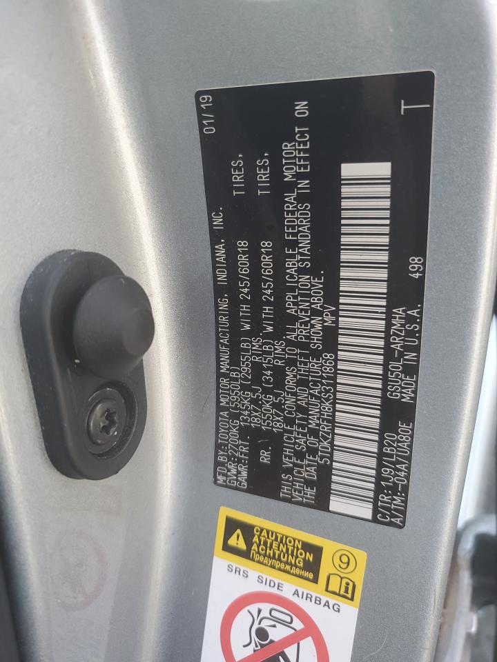 2019 Toyota Highlander Se VIN: 5TDKZRFH8KS311868 Lot: 63027224