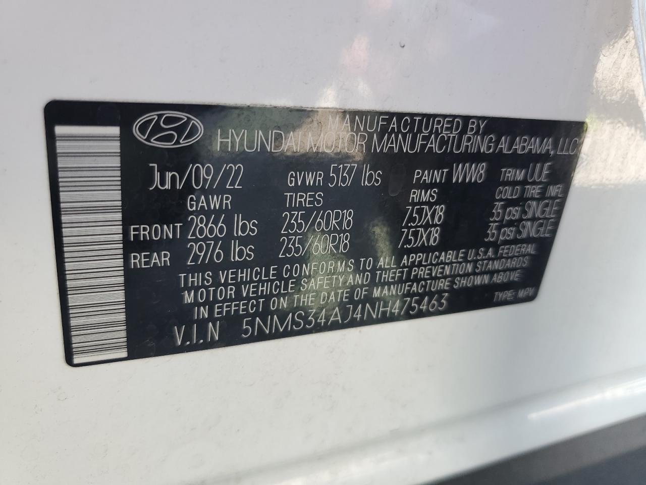 2022 Hyundai Santa Fe Sel VIN: 5NMS34AJ4NH475463 Lot: 62287244