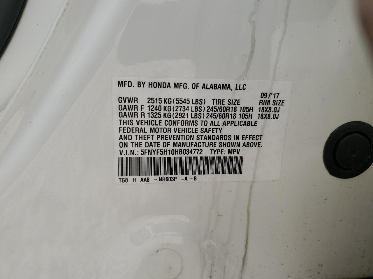 2017 Honda Pilot Lx VIN: 5FNYF5H10HB034772 Lot: 64676014