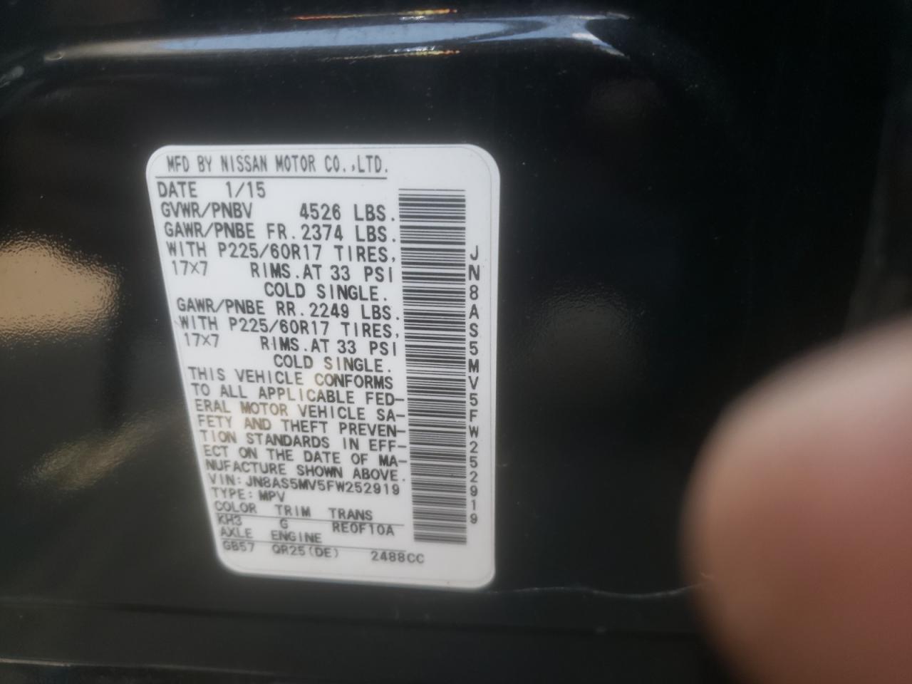 2015 Nissan Rogue Select S VIN: JN8AS5MV5FW252919 Lot: 63115044