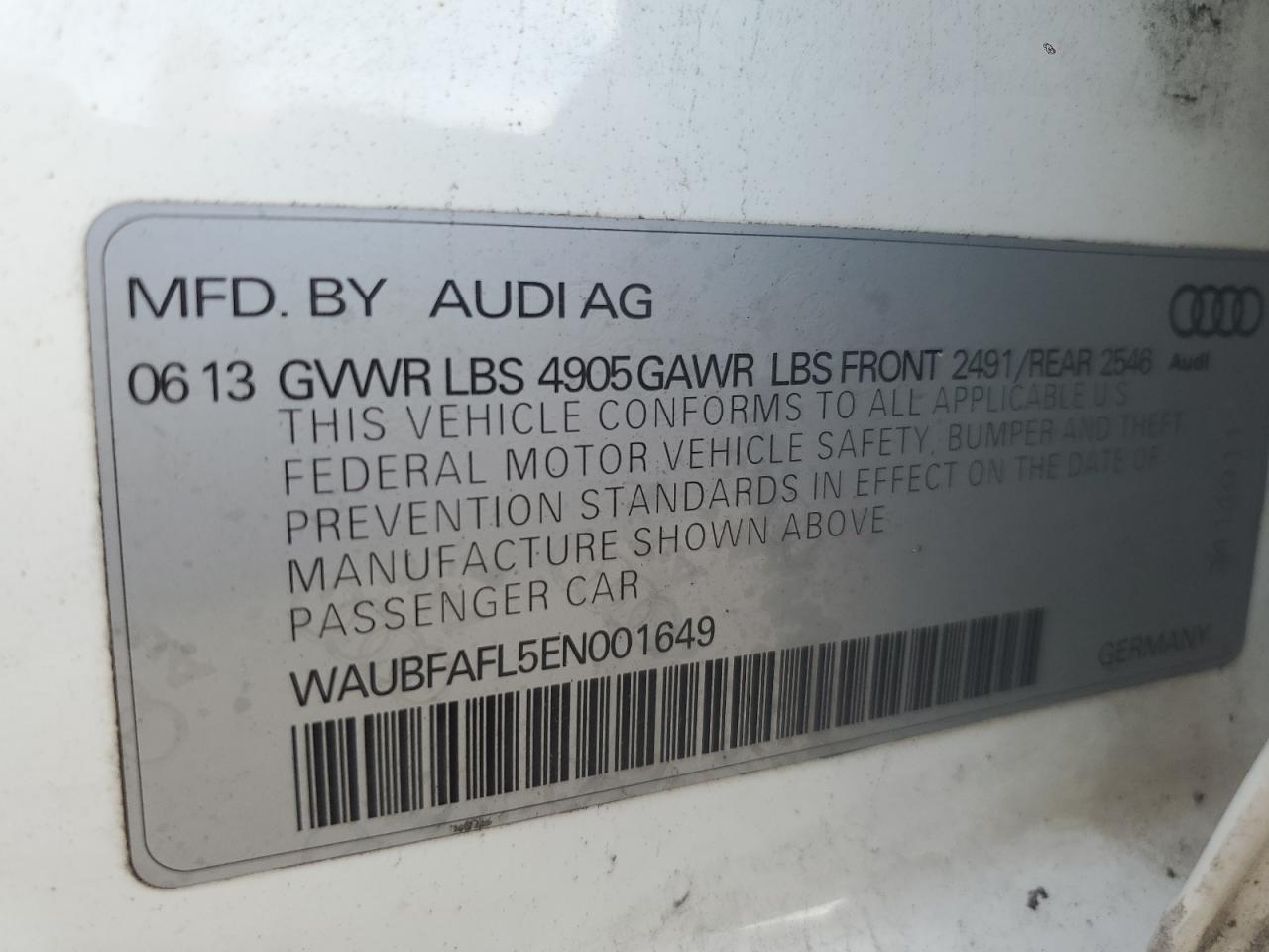 2014 Audi A4 Premium VIN: WAUBFAFL5EN001649 Lot: 63340394