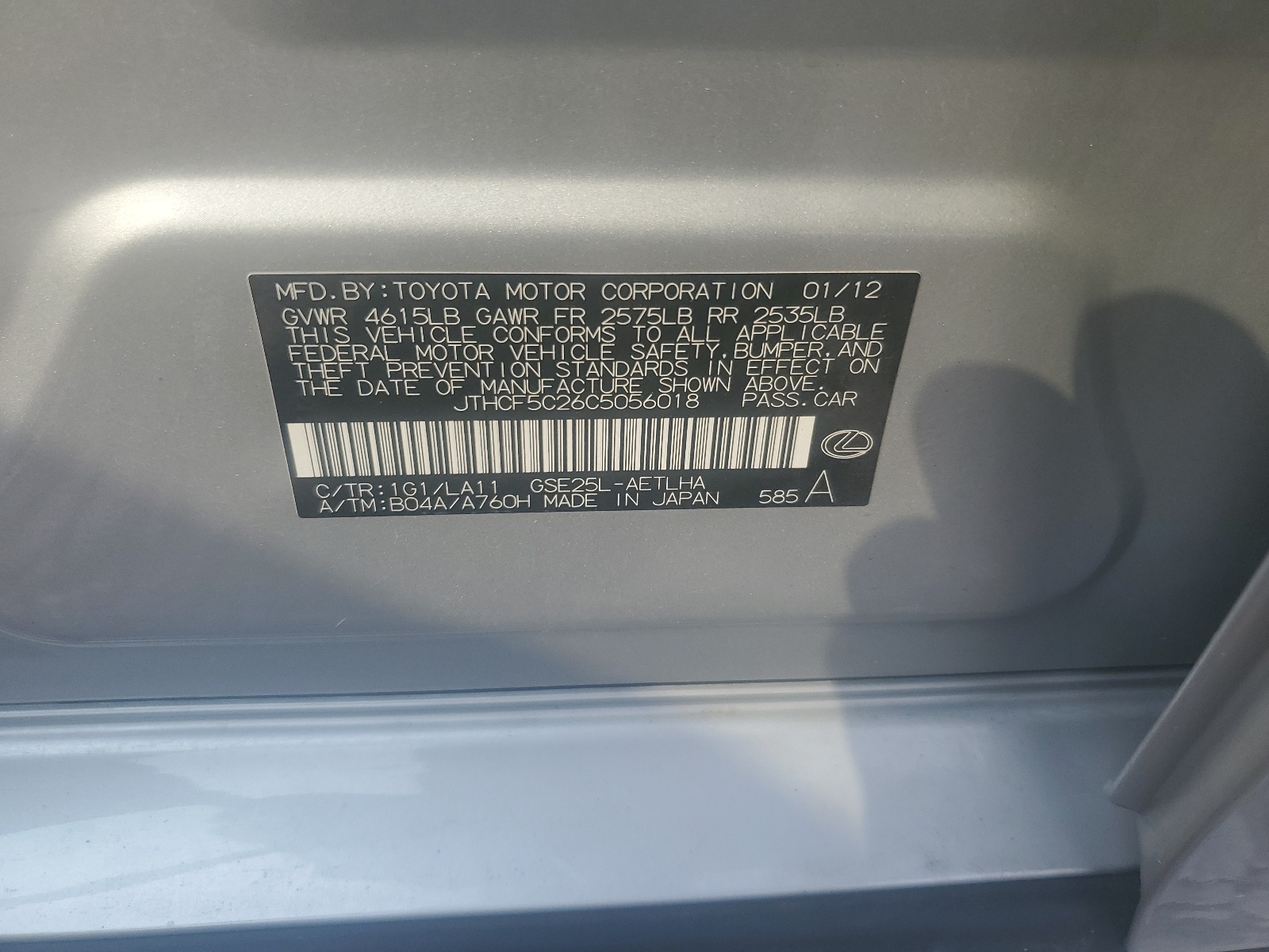 JTHCF5C26C5056018 2012 Lexus Is 250