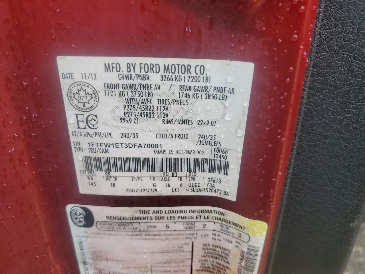 2013 Ford F150 Supercrew VIN: 1FTFW1ET3DFA70001 Lot: 62410514