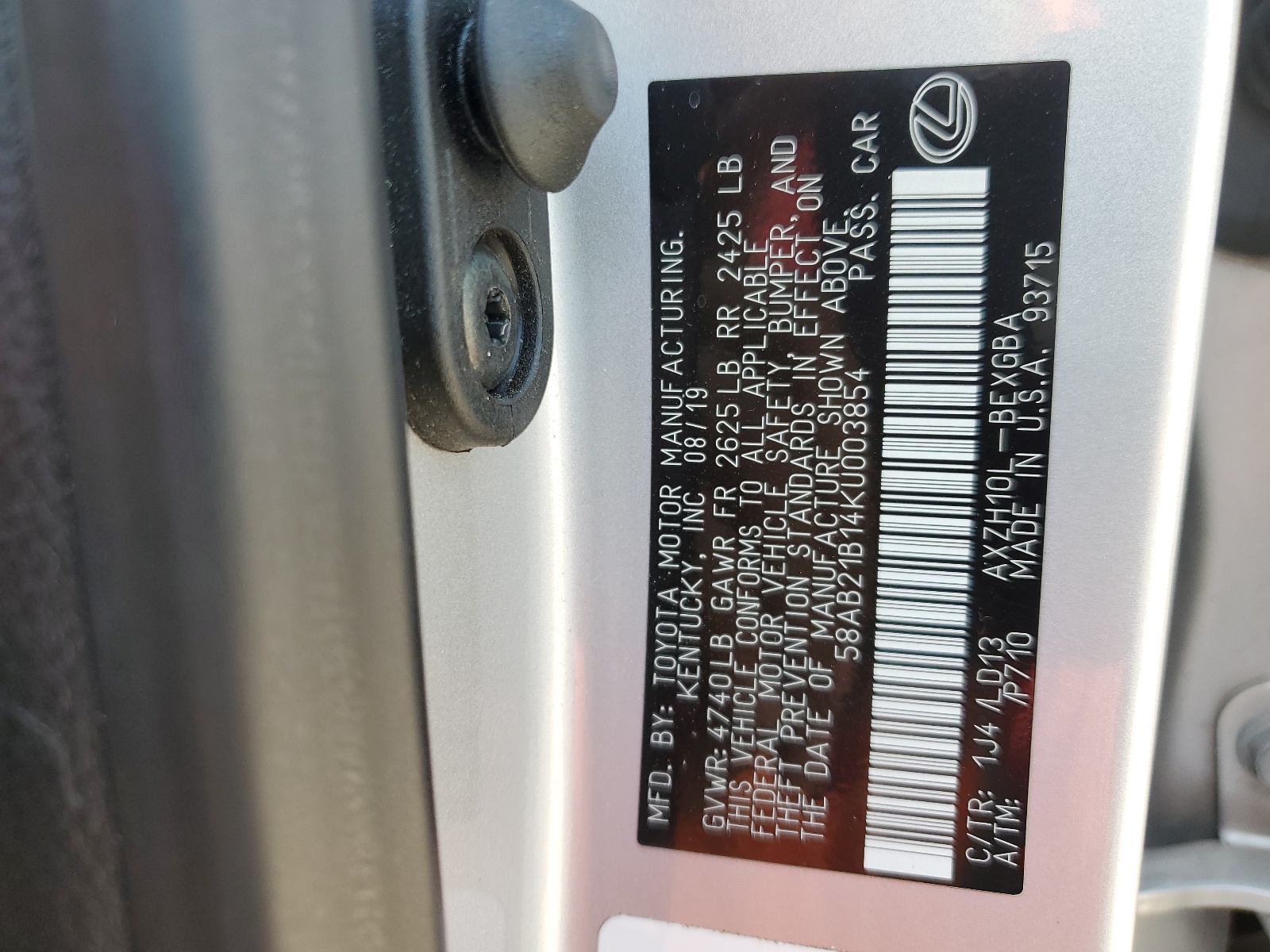 58AB21B14KU003854 2019 Lexus Es 300H