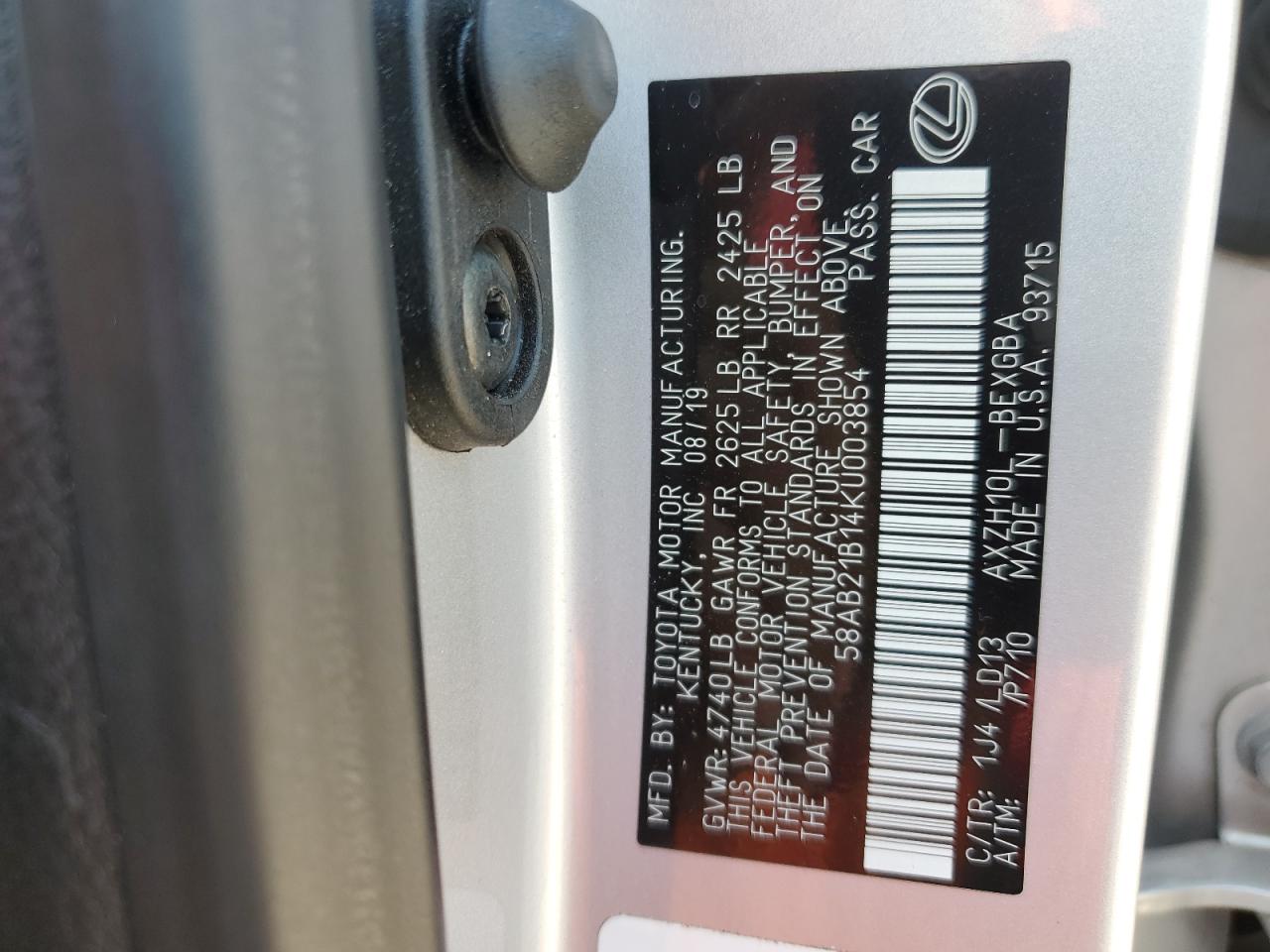 2019 Lexus Es 300H VIN: 58AB21B14KU003854 Lot: 64079874