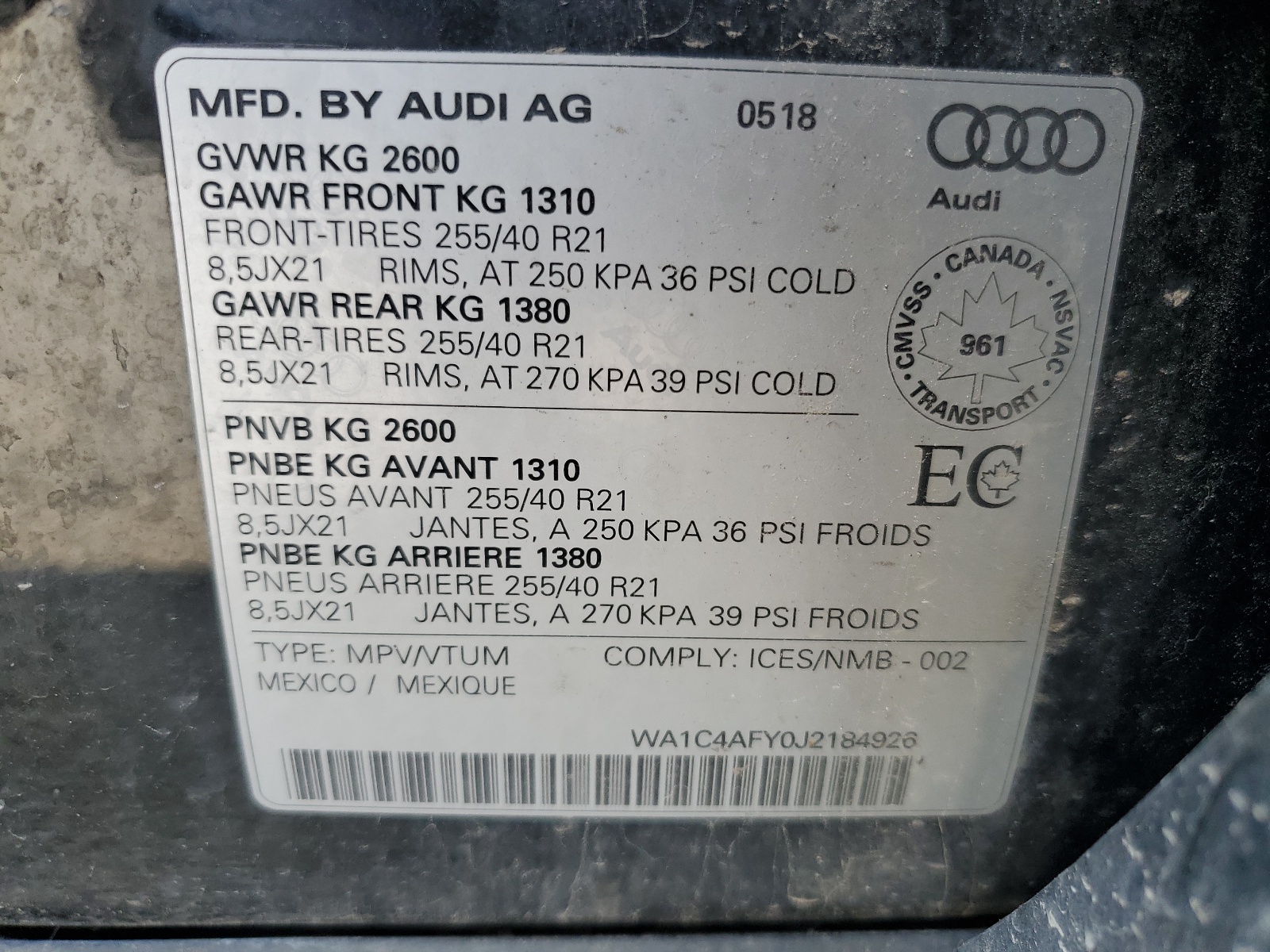 WA1C4AFY0J2184926 2018 Audi Sq5 Prestige