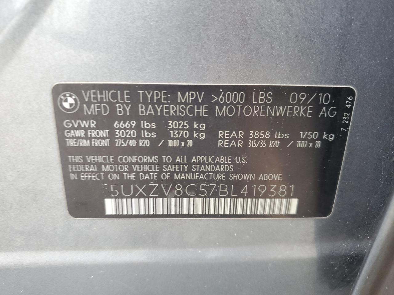 2011 BMW X5 xDrive50I VIN: 5UXZV8C57BL419381 Lot: 64348704