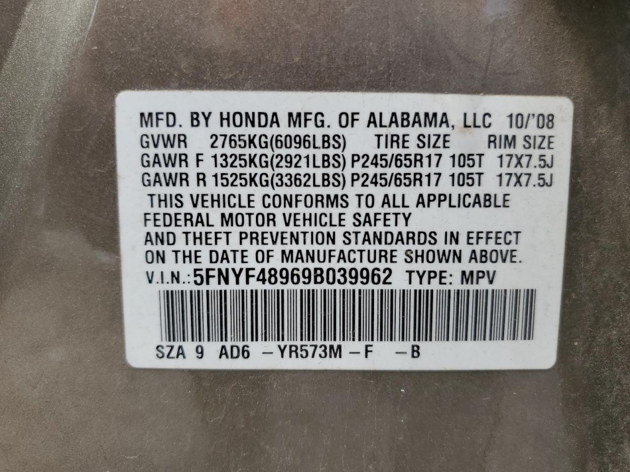 2009 Honda Pilot Touring VIN: 5FNYF48969B039962 Lot: 63004464