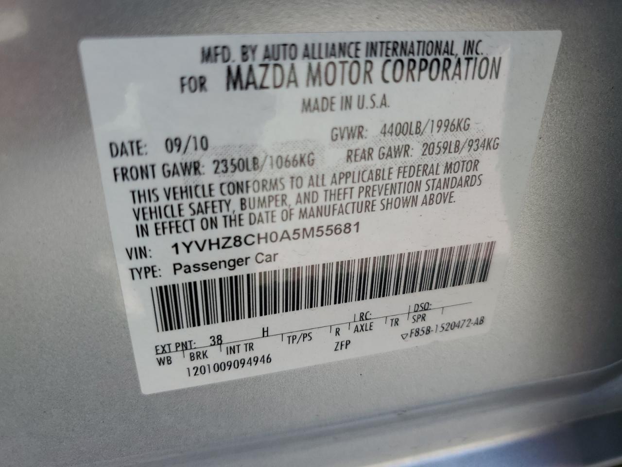 2010 Mazda 6 I VIN: 1YVHZ8CH0A5M55681 Lot: 62389504