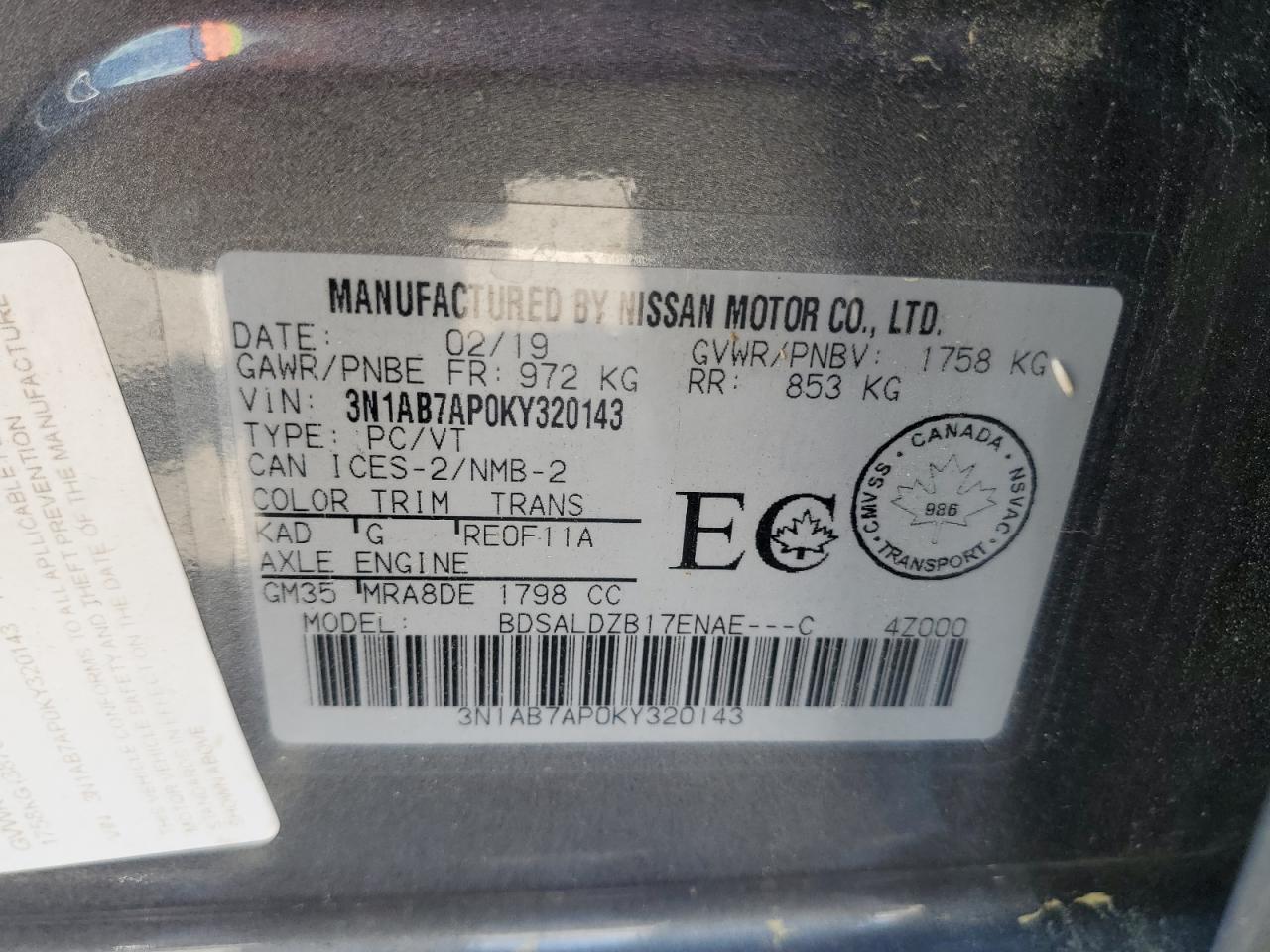 3N1AB7AP0KY320143 2019 Nissan Sentra S