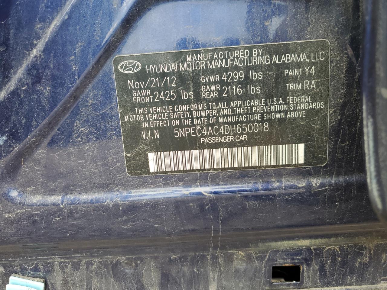 2013 Hyundai Sonata Se VIN: 5NPEC4AC4DH650018 Lot: 62451824