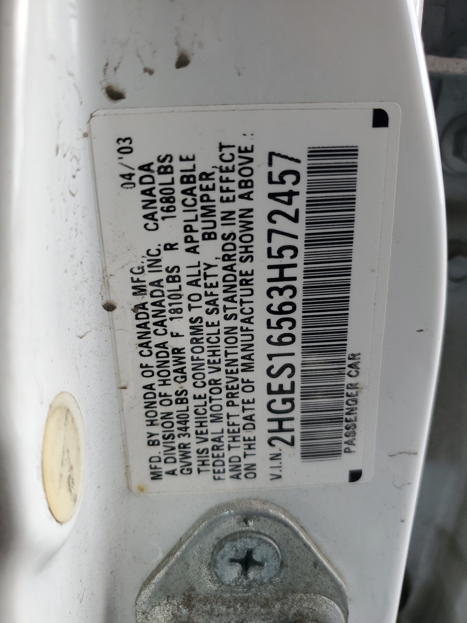 2HGES16563H572457 2003 Honda Civic Lx