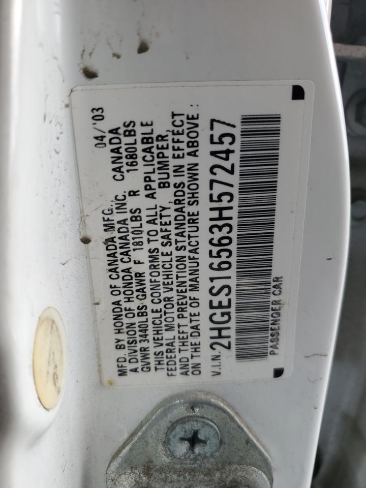 2003 Honda Civic Lx VIN: 2HGES16563H572457 Lot: 64565514