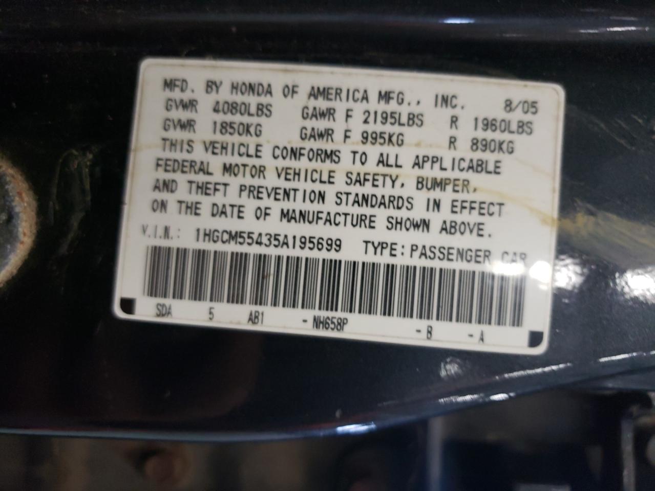 2005 Honda Accord Lx VIN: 1HGCM55435A195699 Lot: 60618014