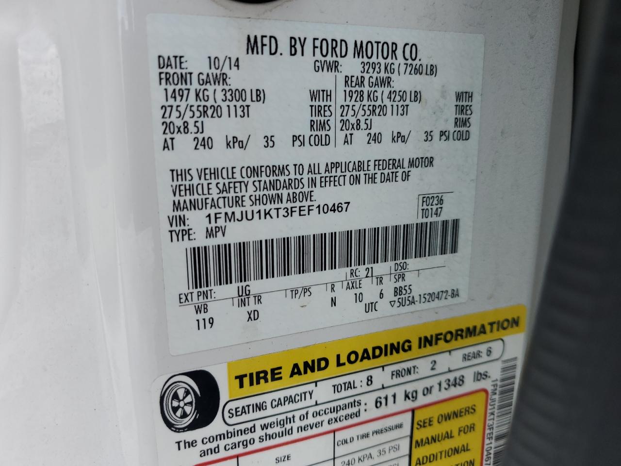 2015 Ford Expedition Limited VIN: 1FMJU1KT3FEF10467 Lot: 63698224