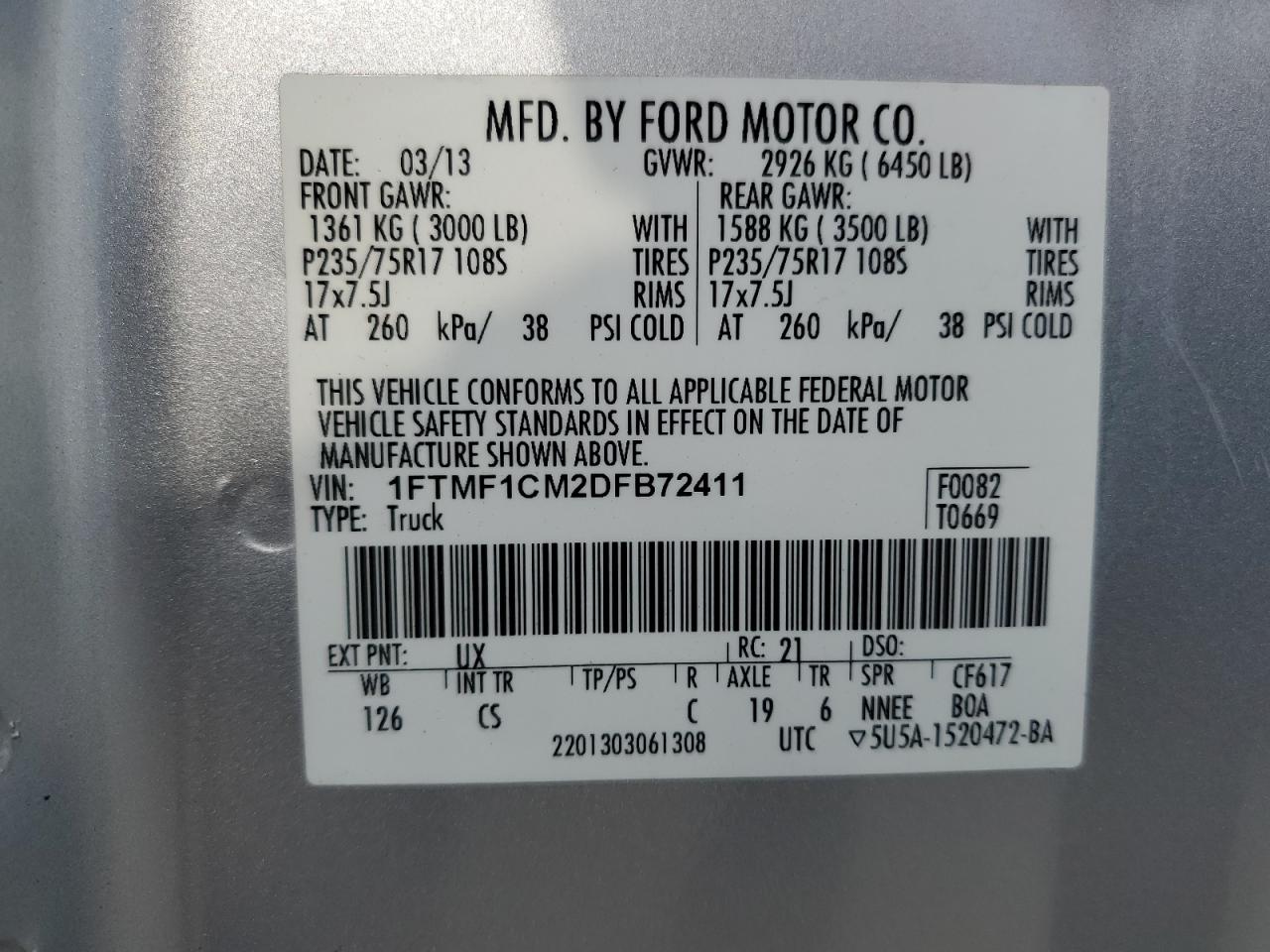 2013 Ford F150 VIN: 1FTMF1CM2DFB72411 Lot: 62204144