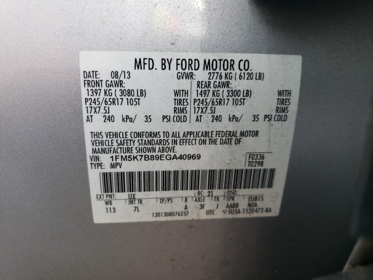 2014 Ford Explorer VIN: 1FM5K7B89EGA40969 Lot: 62721994