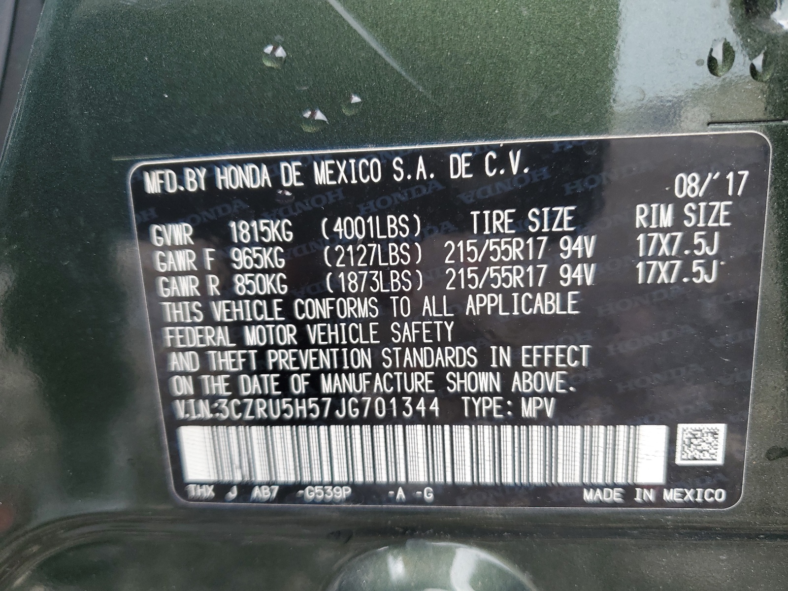 3CZRU5H57JG701344 2018 Honda Hr-V Ex