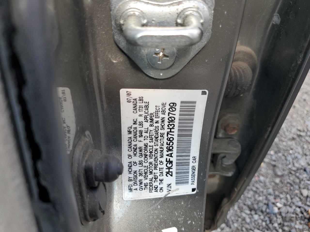 2007 Honda Civic Lx VIN: 2HGFA16567H310709 Lot: 63358914