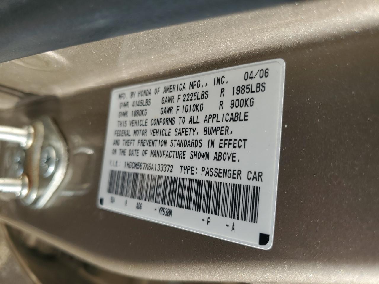 2006 Honda Accord Ex VIN: 1HGCM567X6A133372 Lot: 64201694