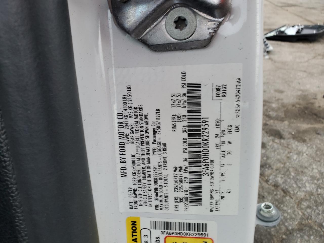 2019 Ford Fusion Se VIN: 3FA6P0HD0KR229591 Lot: 63472024